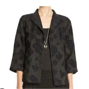 Eileen Fisher Blazer Jacket Open Botanical Jacquard Small Black 3/4 Sleeve